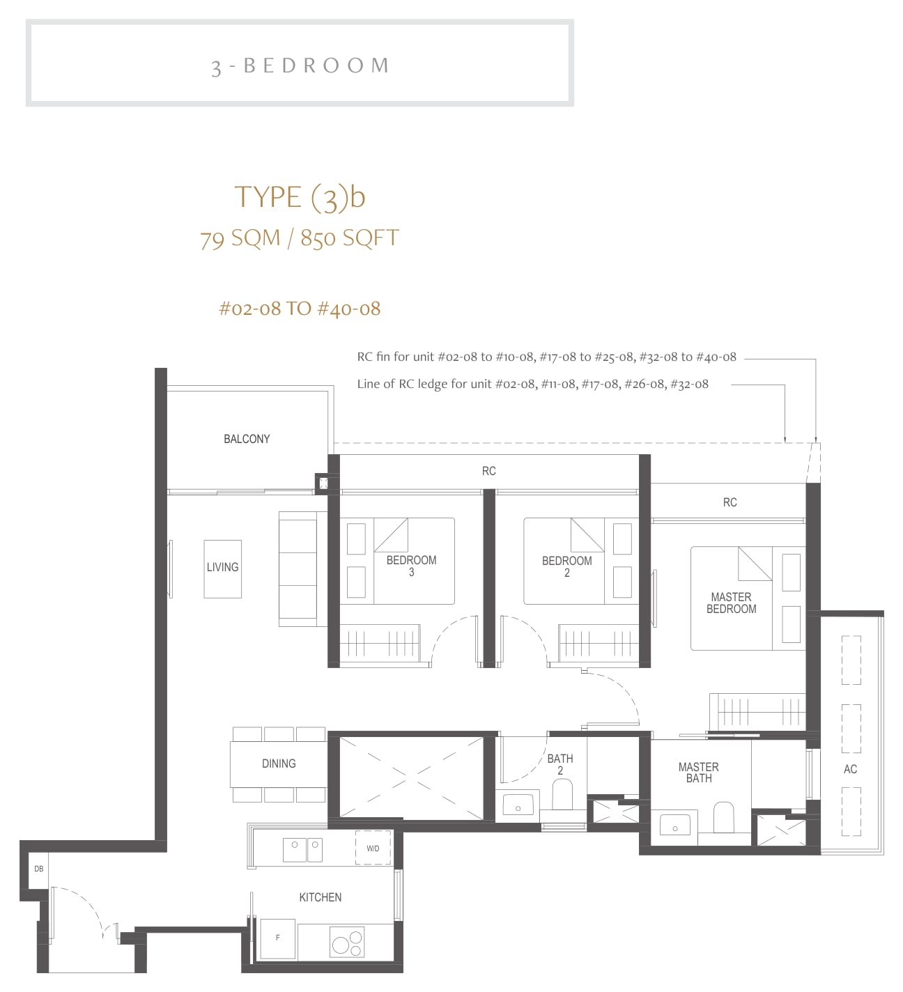 Floor plan of the 3-bedroom, type 3b, 850 square feet