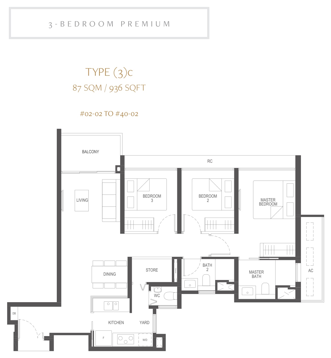 Floor plan of the 3-bedroom premium, type 3c, 936 square feet