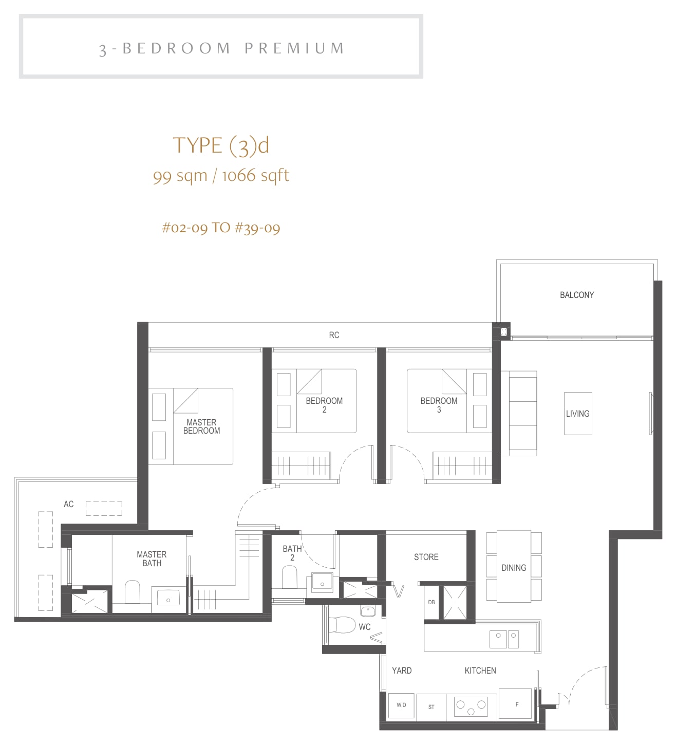 Floor plan of the 3-bedroom premium, type 3d, 1,066 square feet