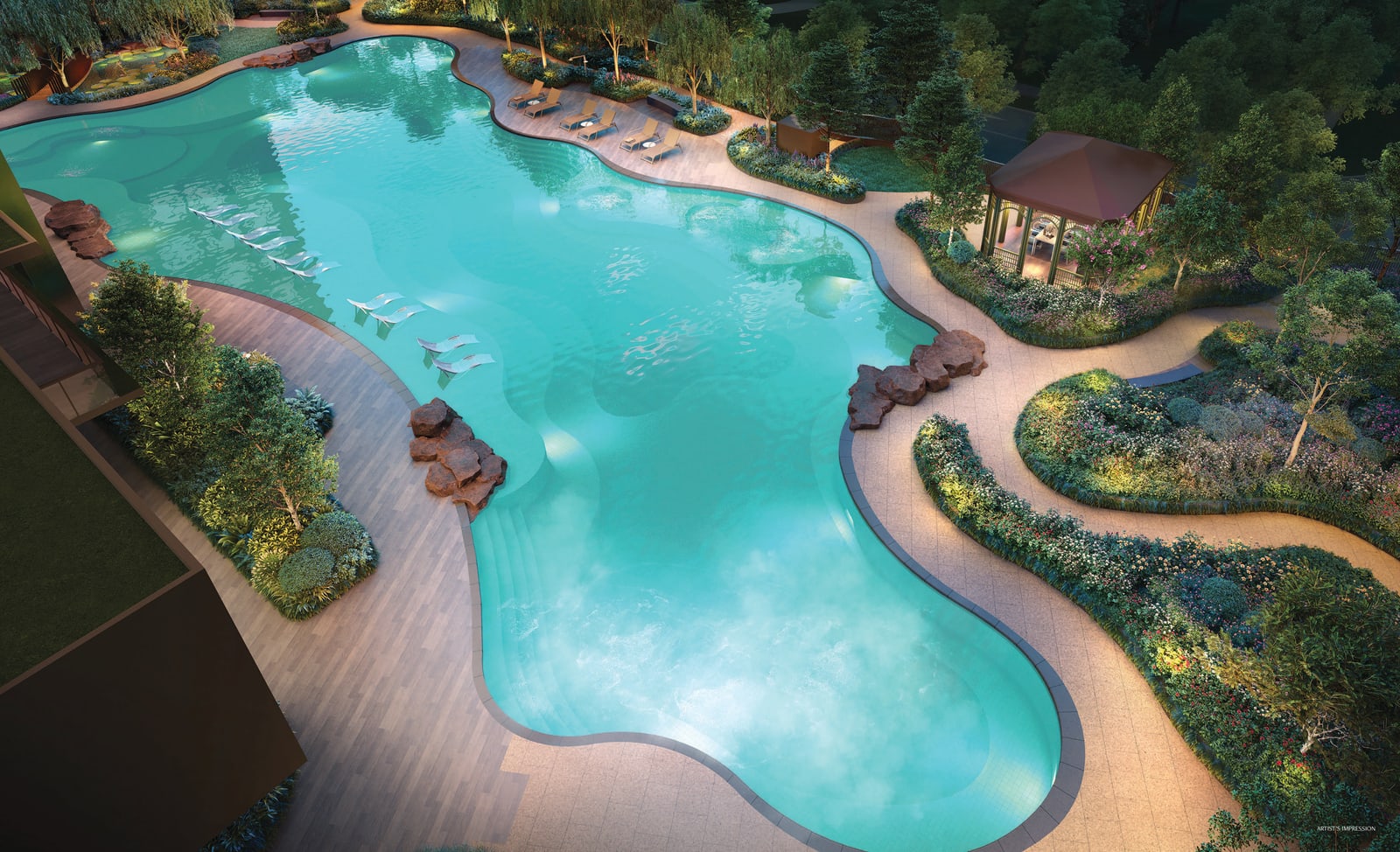 Artist's impression of the lake-shaped pool seen from above with a pavilion at its far edge