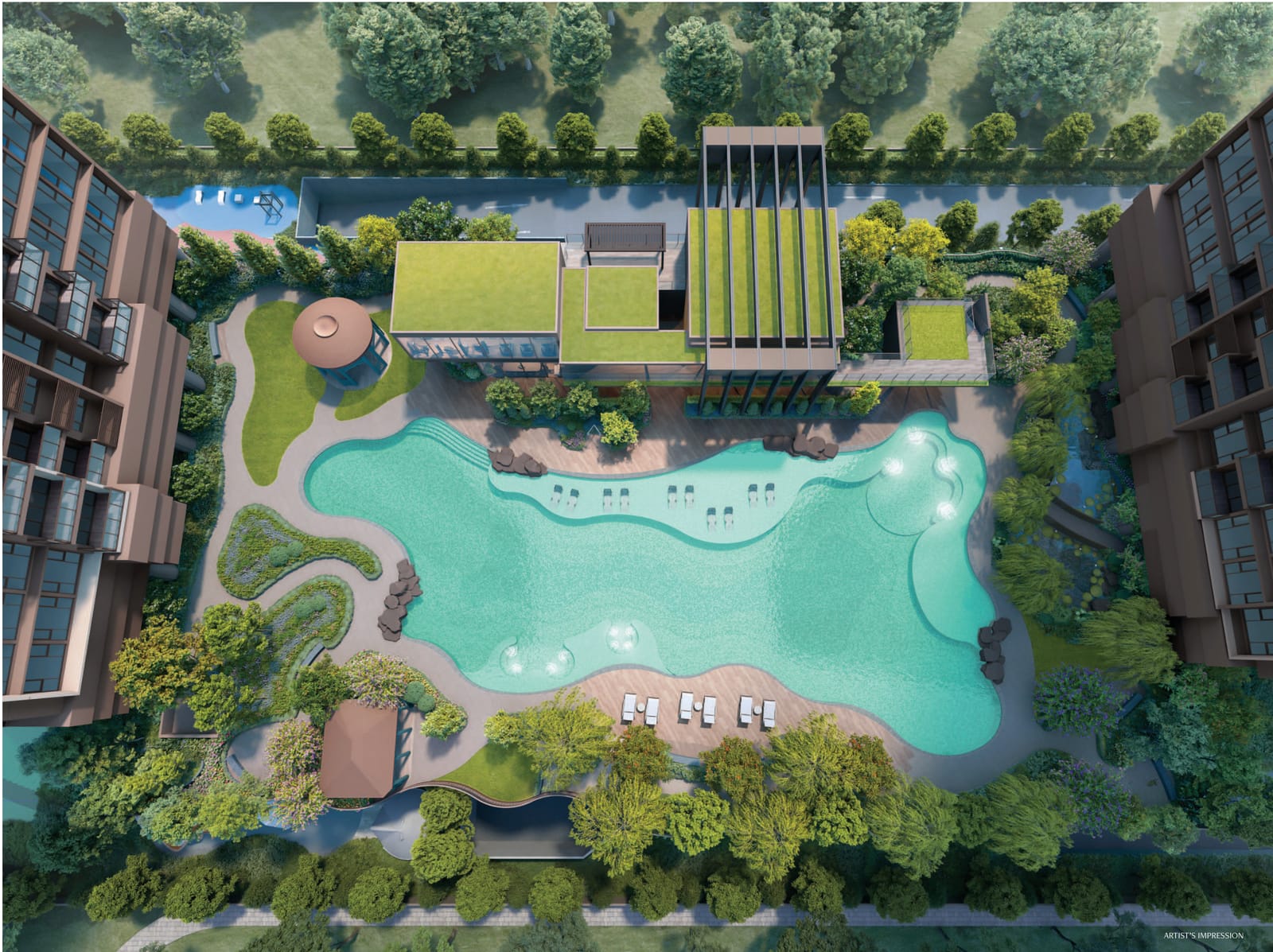Artist's impression of the pool, clubhouse and gardens between the two towers, seen from above