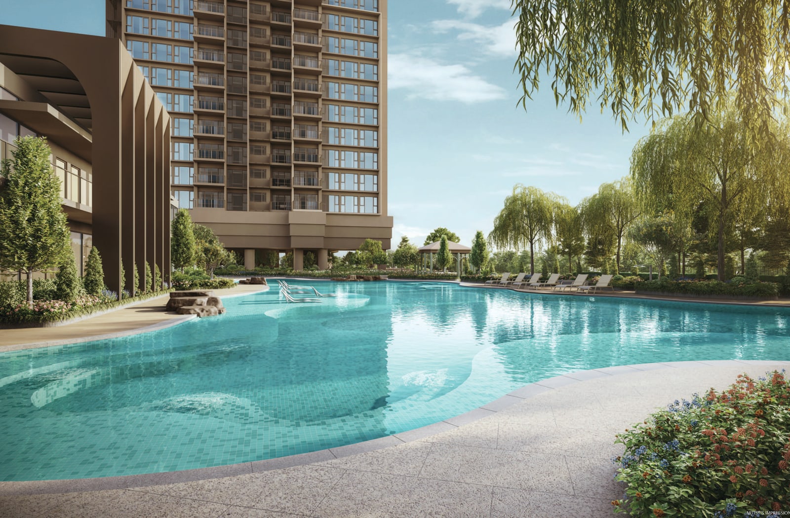 Artist's impression of the pool by day with a tower and willow trees behind it