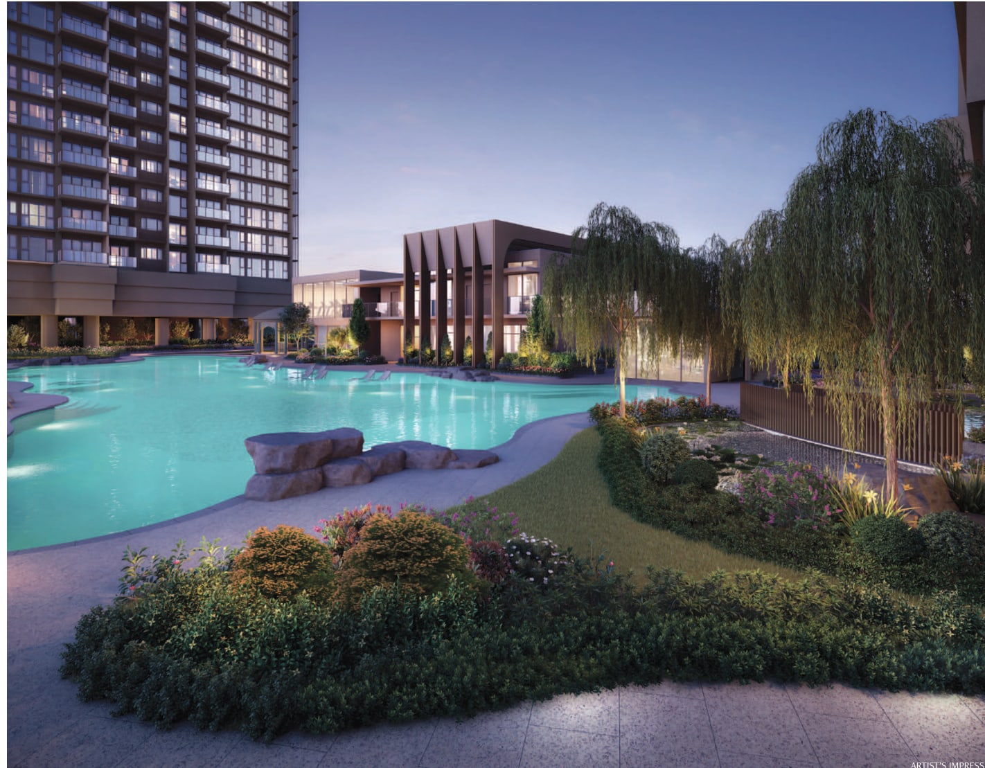 Artist's impression of the pool at dusk with the clubhouse and willow trees