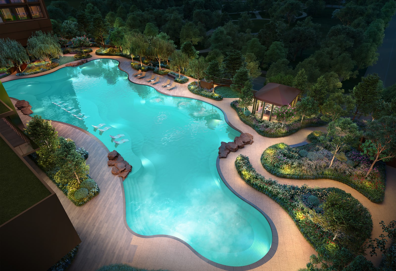 Artist's impression of the swimming pool and the BBQ terrace seen from above, surrounded by trees