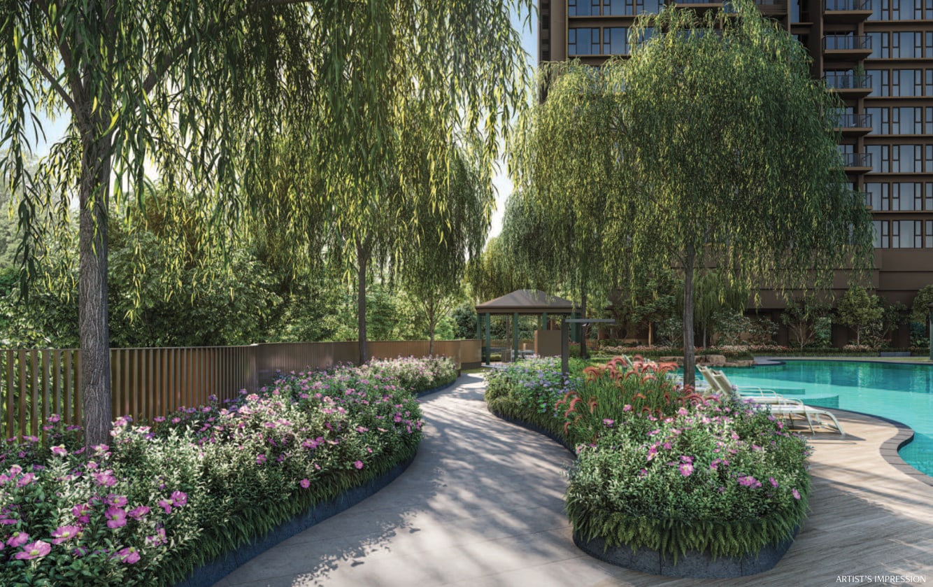 Artist's impression of a garden path between flower beds towards the pool
