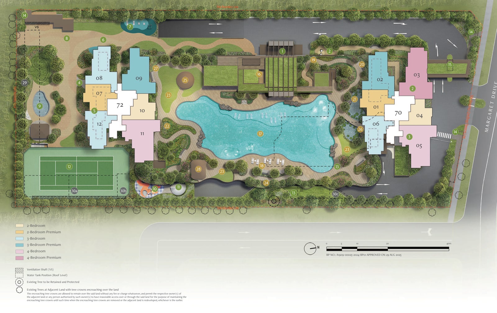 Site plan of Penrith showing the two towers, the large central swimming pool, the tennis court and the numbered gardens