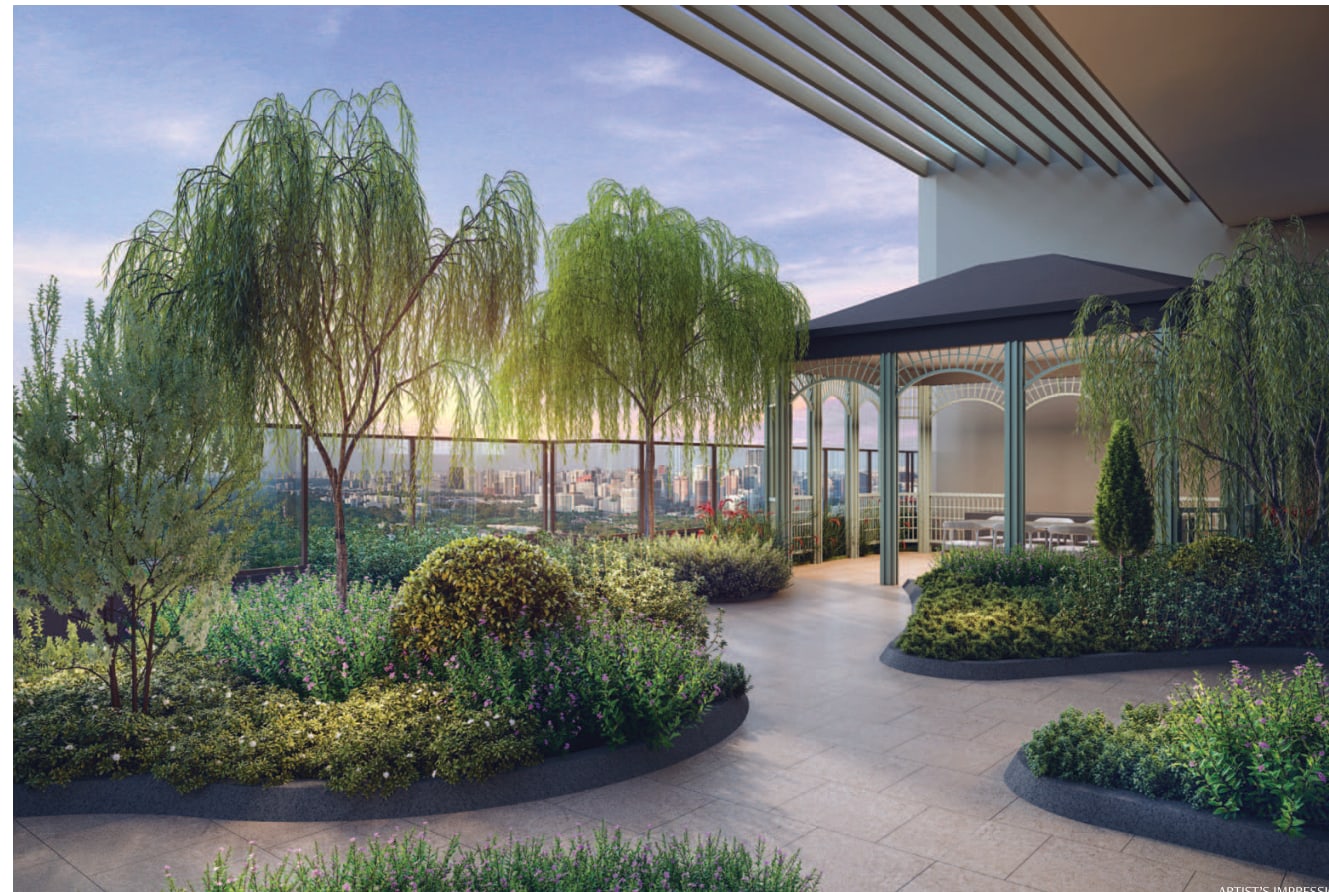 Artist's impression of the sky sanctuary on the roof garden with willow trees and a pavilion