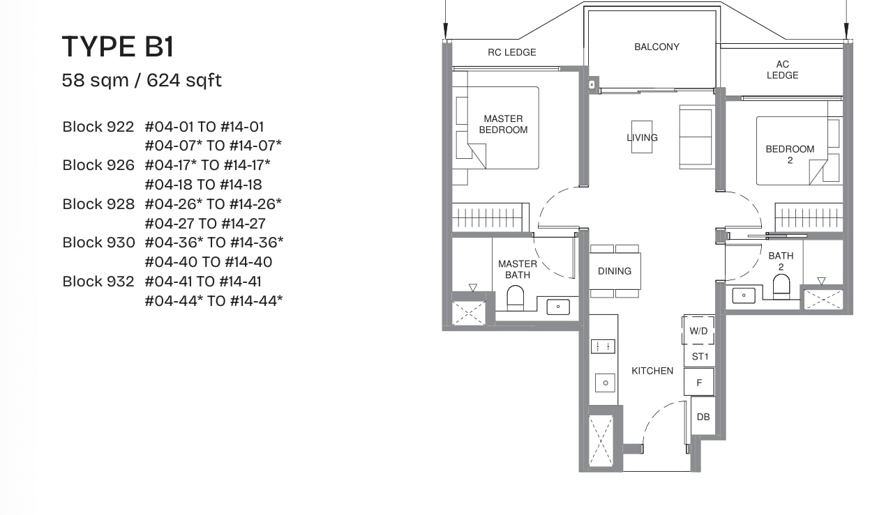 Floor plan of the 2-bedroom, type B1, 624 square feet