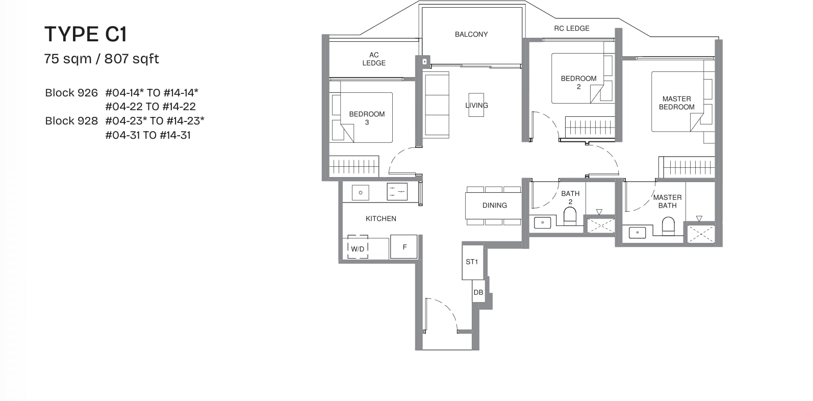Floor plan of the 3-bedroom, type C1, 807 square feet