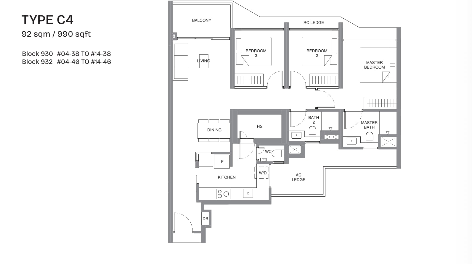 Floor plan of the 3-bedroom premium, type C4, 990 square feet