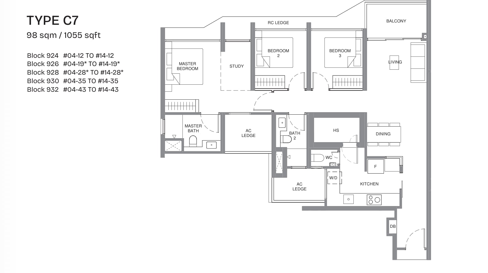 Floor plan of the 3-bedroom premium with study, type C7, 1,055 square feet