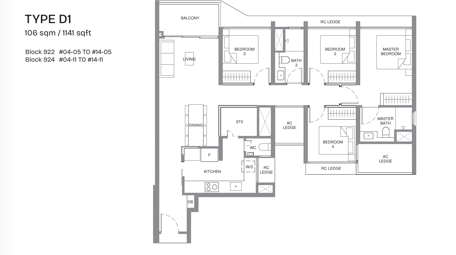 Floor plan of the 4-bedroom, type D1, 1,141 square feet
