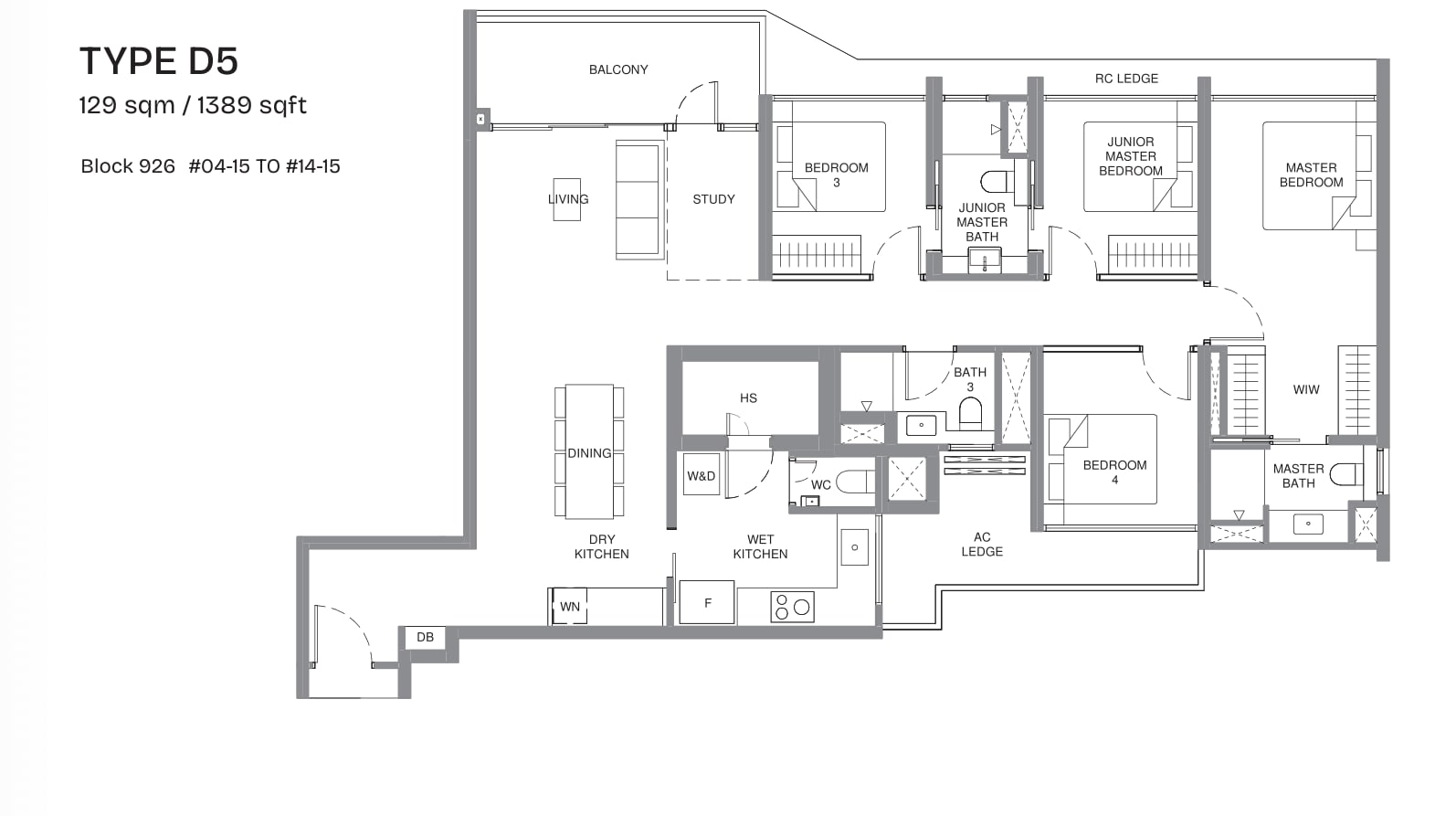 Floor plan of the 4-bedroom luxury with study, type D5, 1,389 square feet