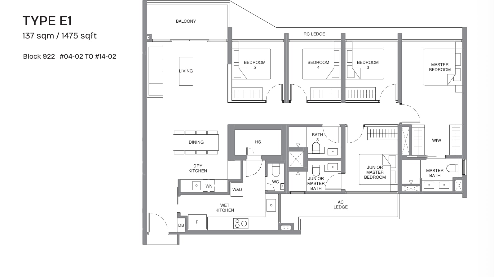 Floor plan of the 5-bedroom luxury, type E1, 1,475 square feet