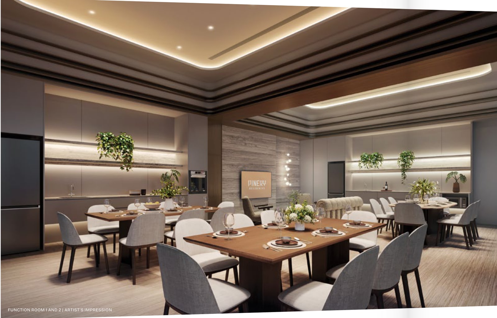 Artist's impression of a function room with a long dining table and a kitchen counter