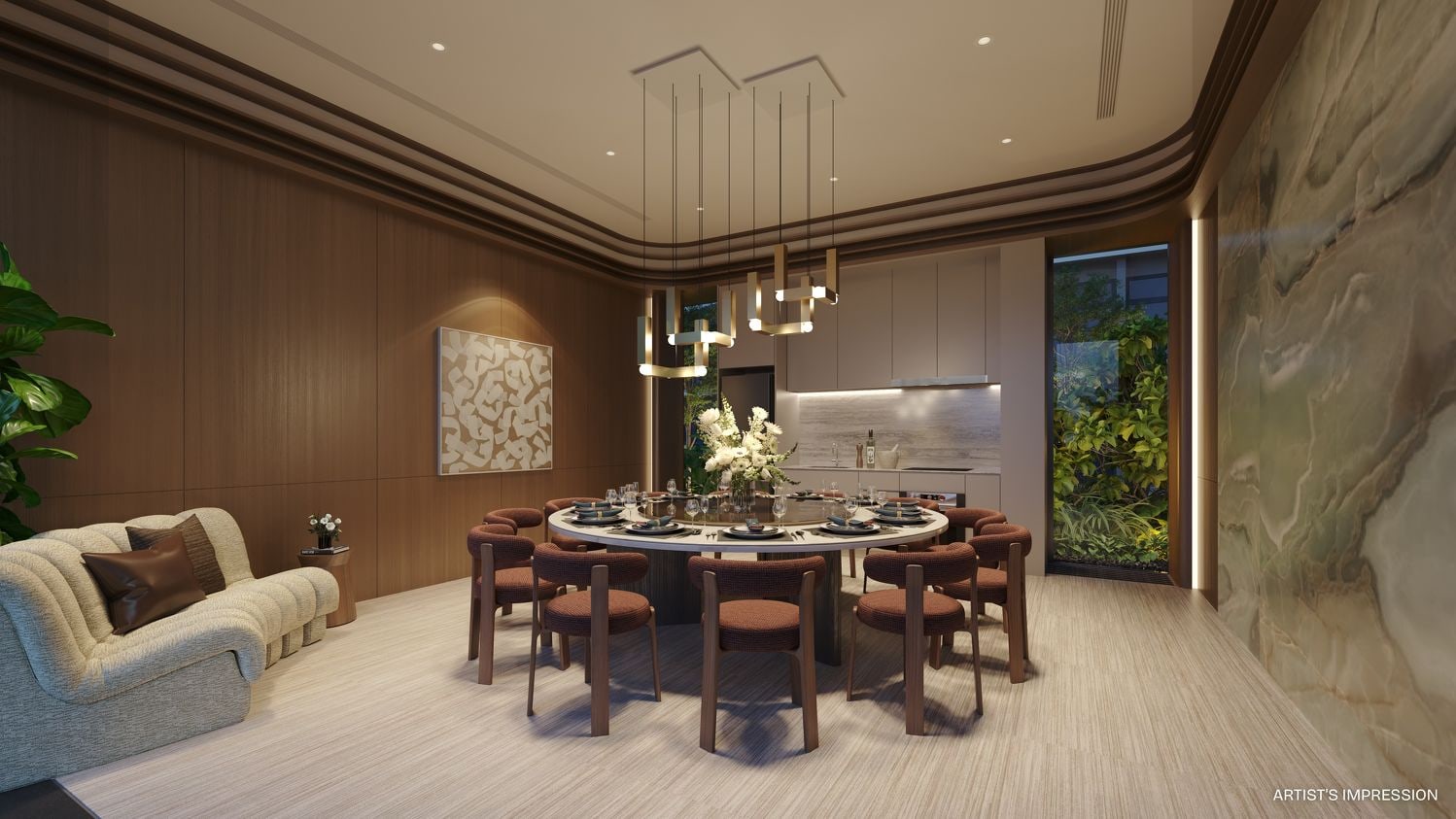 Artist's impression of the gourmet dining room with a round table and a kitchen behind