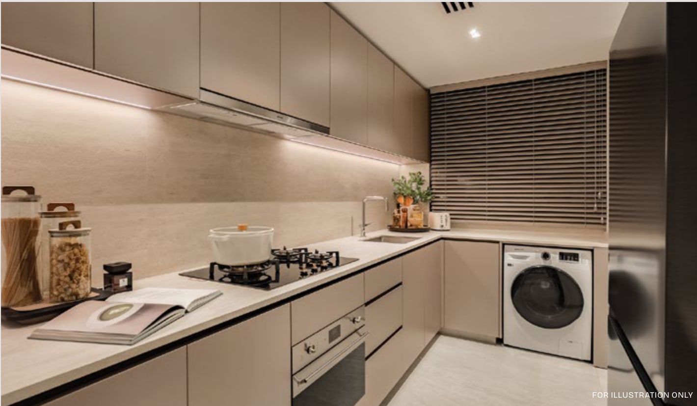 Illustration of a kitchen with a hob, an oven and a washer-dryer