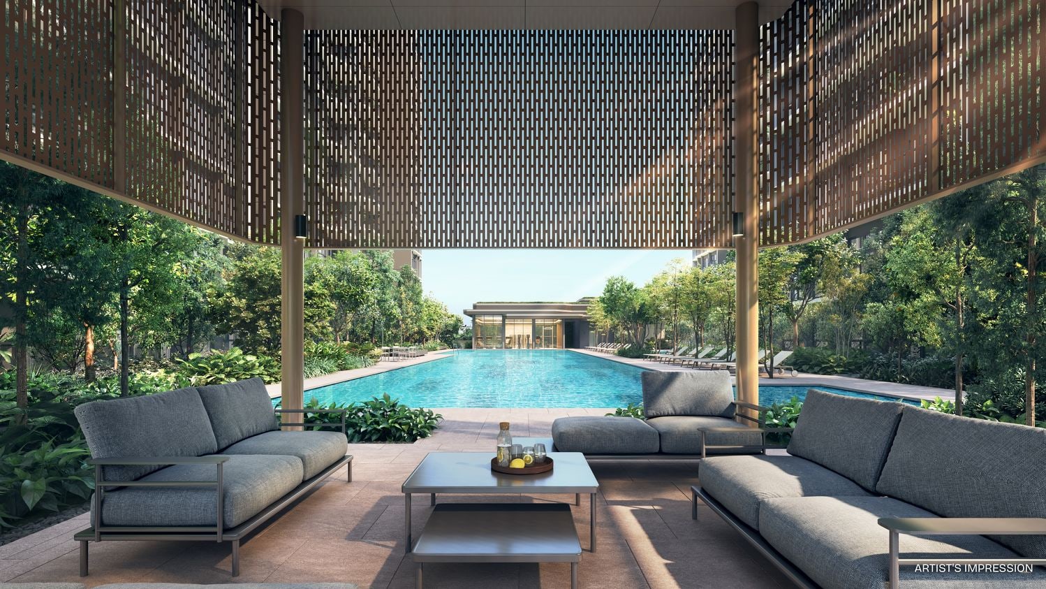 Artist's impression of the 50-metre lap pool seen from a shaded pavilion with sofas