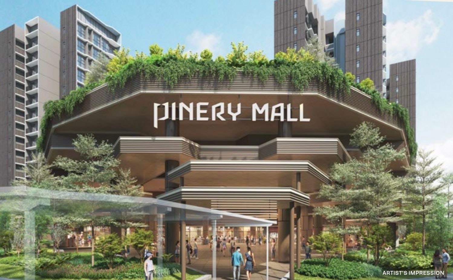 Artist's impression of the entrance of Pinery Mall under a planted roof, with the residential blocks behind