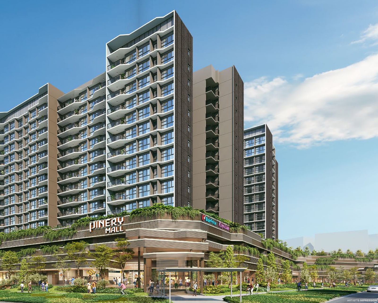 Artist's impression from the street of the residential blocks above Pinery Mall, with the mall sign on the podium