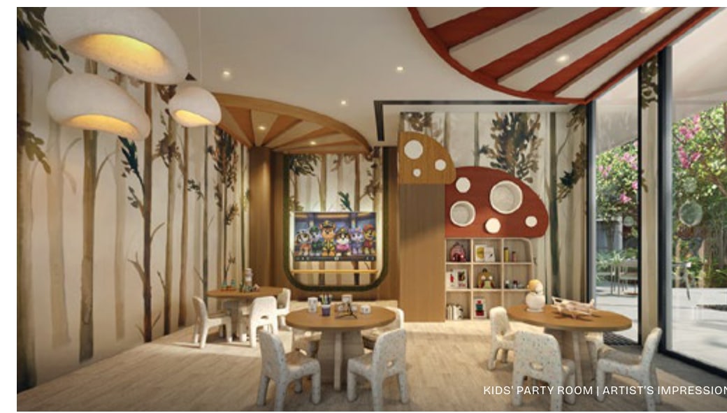 Artist's impression of the kids' party room with a mushroom-themed ceiling and a low table