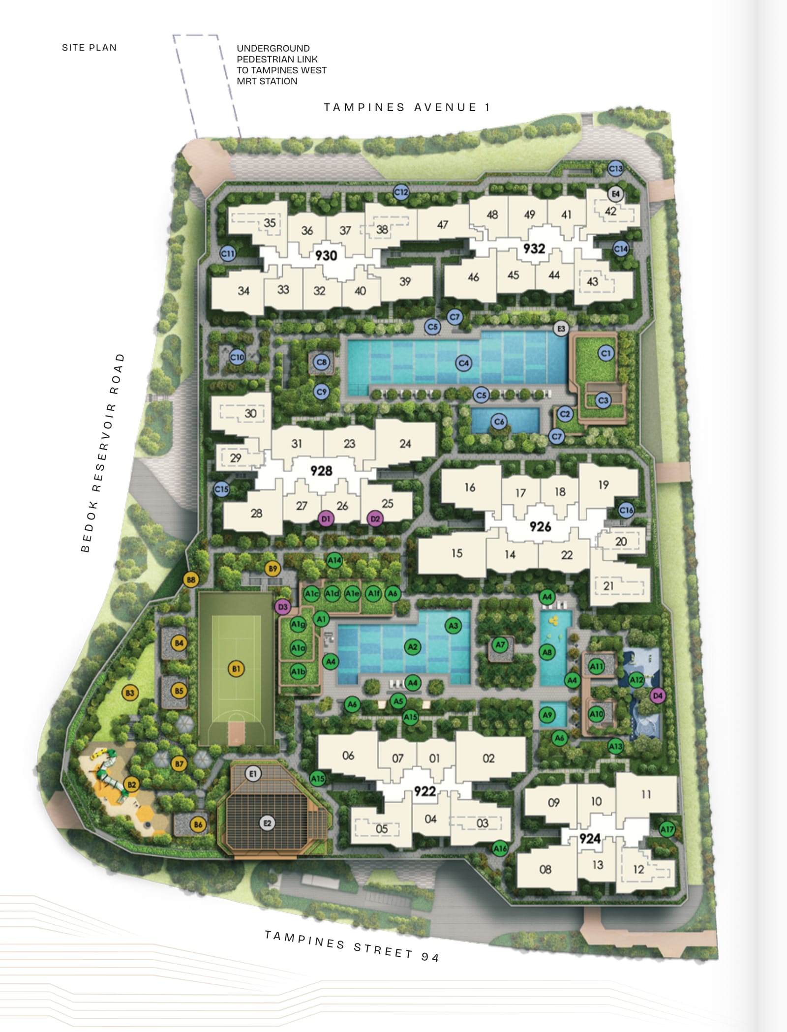 Site plan of Pinery Residences with the six residential blocks, the pools and the underground link to Tampines West MRT