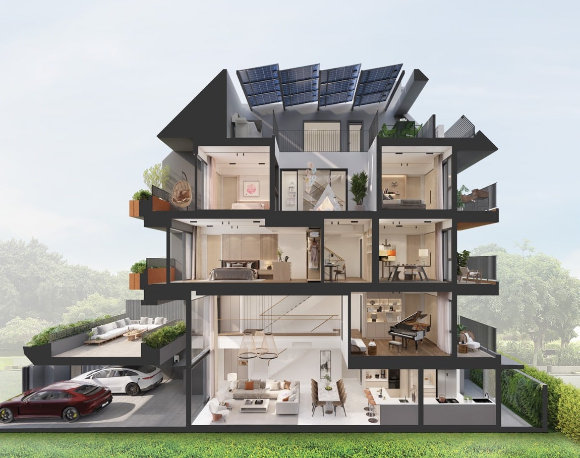 Cutaway illustration of a Pollen Collection II house showing the car porch, the double-height living room, the in-home lift, bedrooms on the upper levels and solar panels on the roof