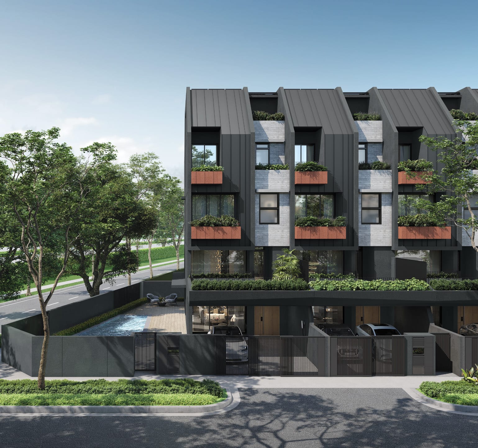 Artist's impression of the street front of a Pollen Collection II house: dark metal cladding, planter boxes on each level, a pool behind a screen wall and a car porch