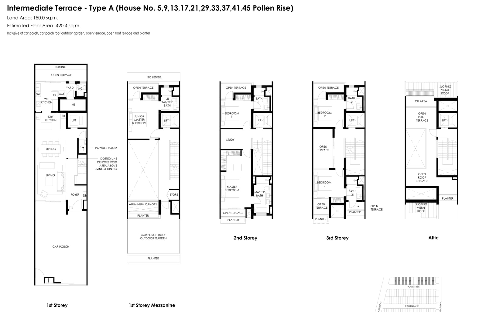 Floor plans of the Type A intermediate terrace on Pollen Rise: first storey, first-storey mezzanine, second storey, third storey and attic