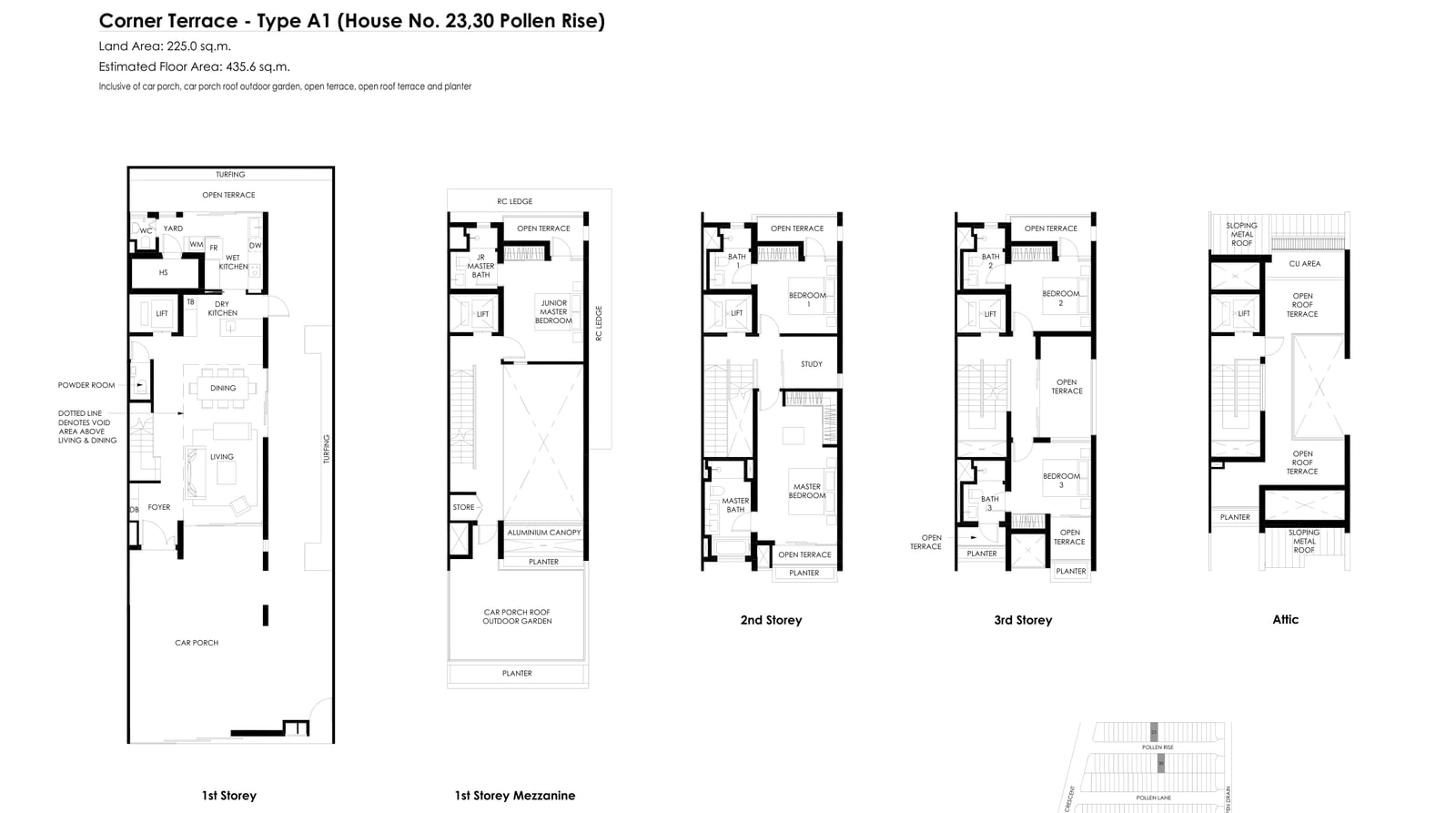 Floor plans of the Type A1 corner terrace on Pollen Rise, house 23: five levels