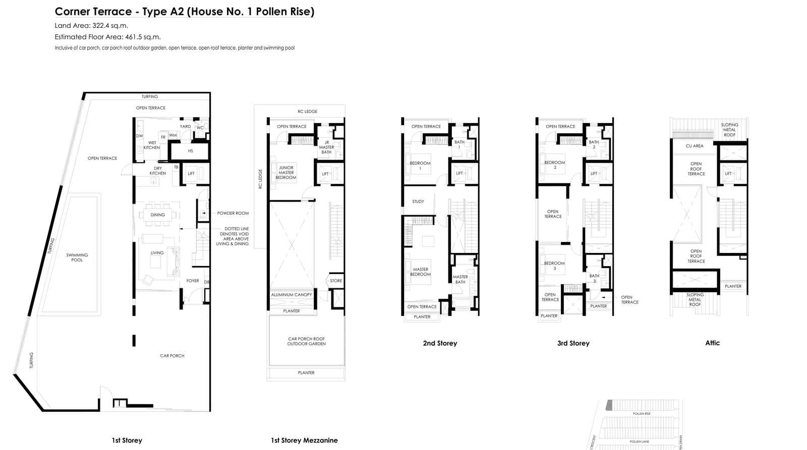 Floor plans of the Type A2 corner terrace on Pollen Rise, house 1, with a swimming pool: five levels