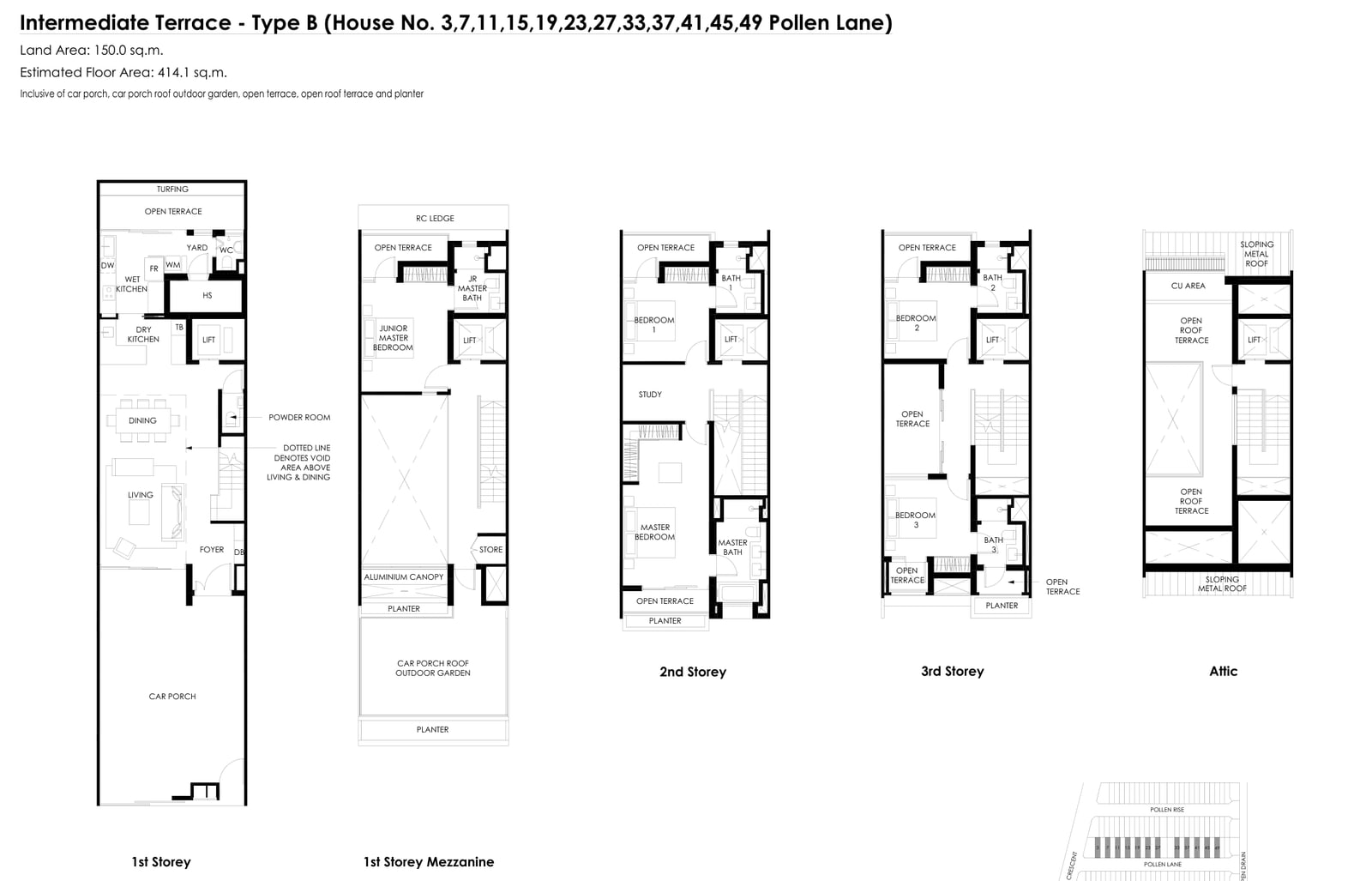 Floor plans of the Type B intermediate terrace on Pollen Lane: first storey, first-storey mezzanine, second storey, third storey and attic