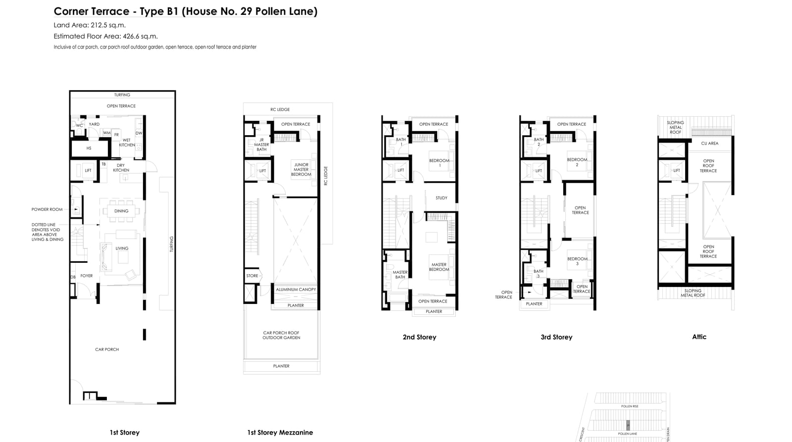Floor plans of the Type B1 corner terrace on Pollen Lane, house 29: five levels
