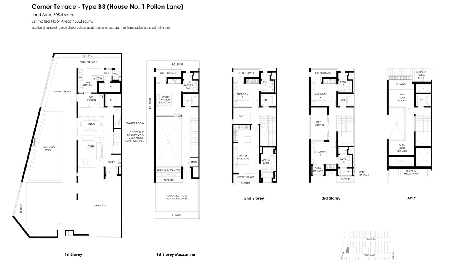 Floor plans of the Type B3 corner terrace on Pollen Lane, house 1, with a swimming pool: five levels
