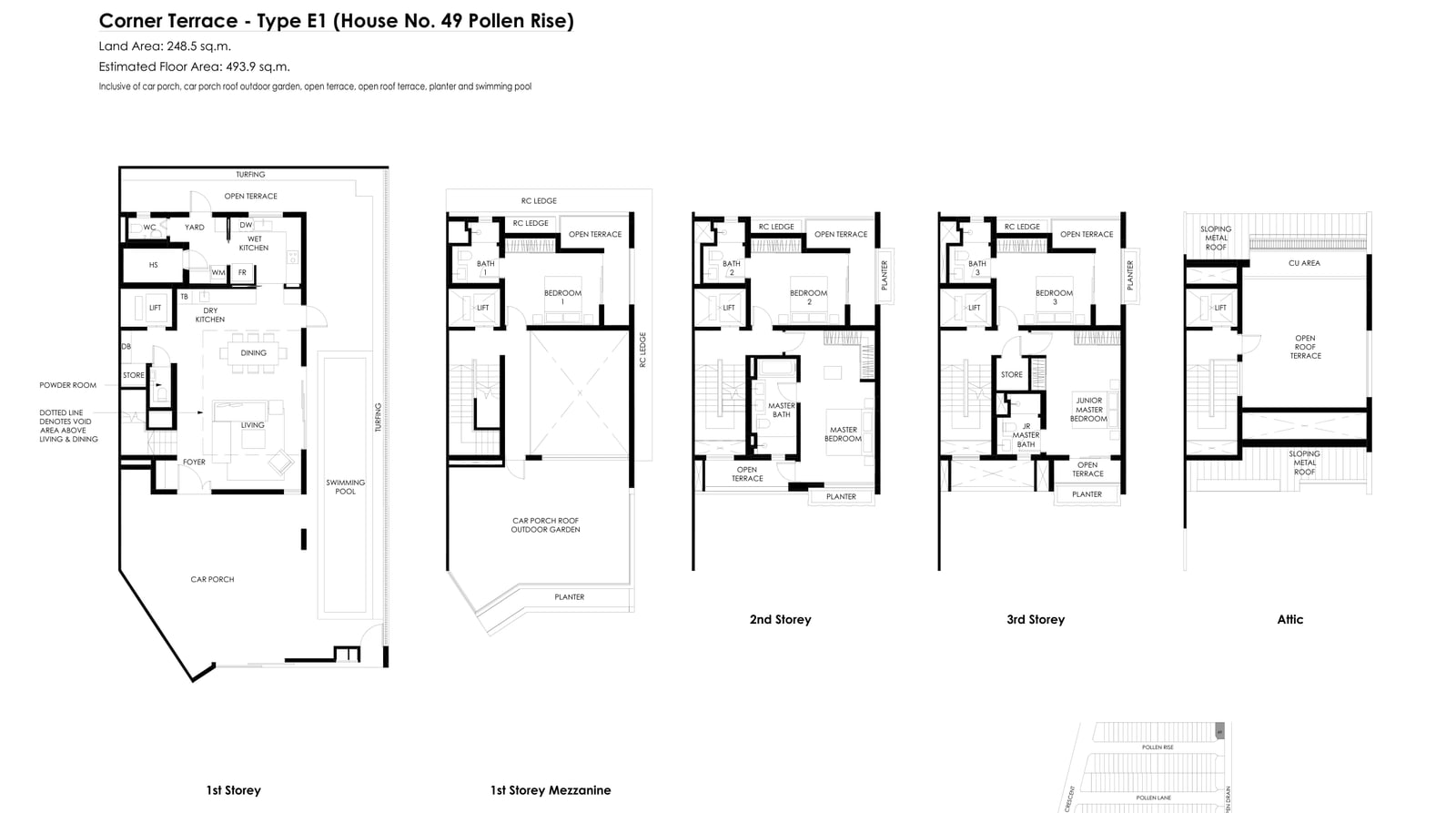 Floor plans of the Type E1 corner terrace on Pollen Rise, house 49, with a swimming pool: five levels