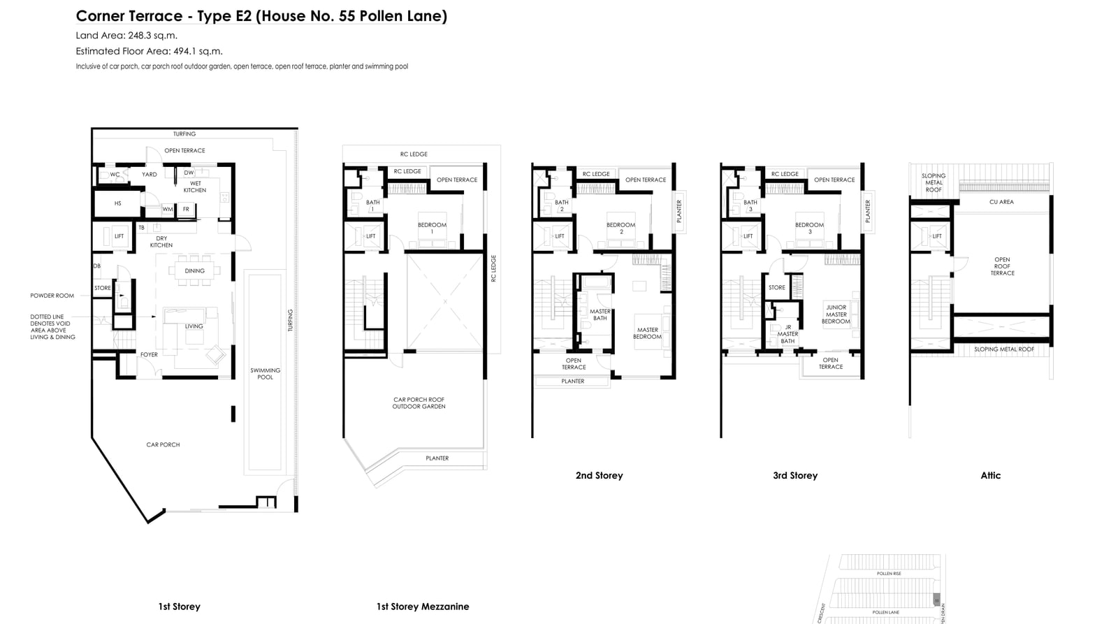 Floor plans of the Type E2 corner terrace on Pollen Lane, house 55, with a swimming pool: five levels