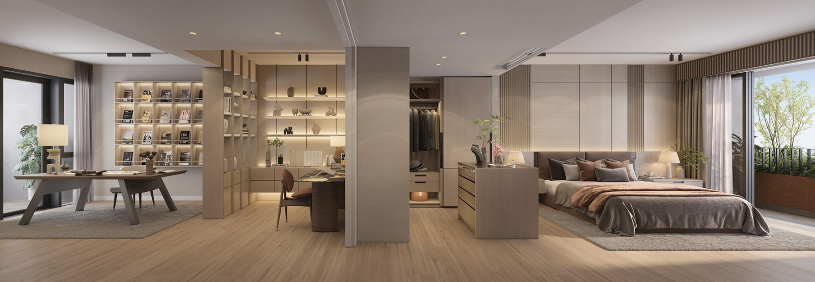 Artist's impression of a master bedroom suite with a study desk, a walk-in wardrobe and a bed