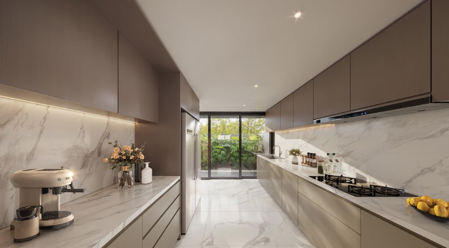 Artist's impression of the wet kitchen with a long marble counter and a door to the yard