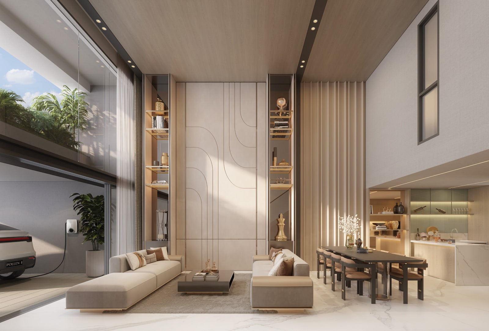 Artist's impression of the double-height living and dining area with a wall of shelves and a glass front facing the car porch