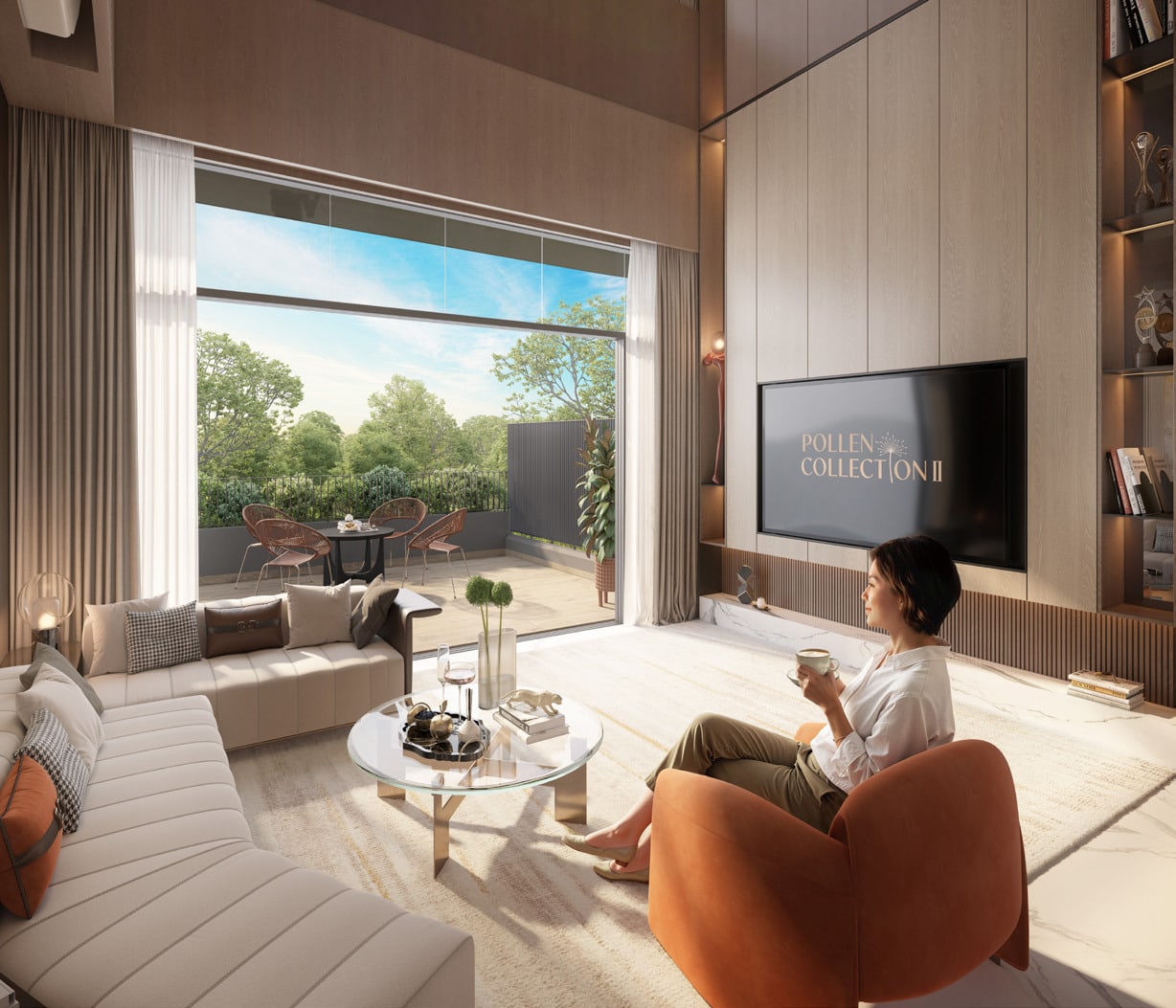 Artist's impression of the Type D living room with a large sliding window onto a terrace and a wall-mounted television