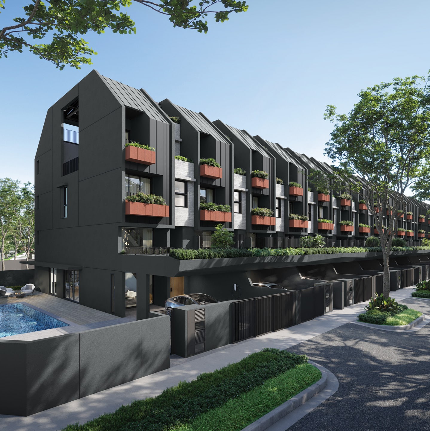 Artist's impression of a row of Pollen Collection II terrace houses along a bend in the street, with a pool at the corner house
