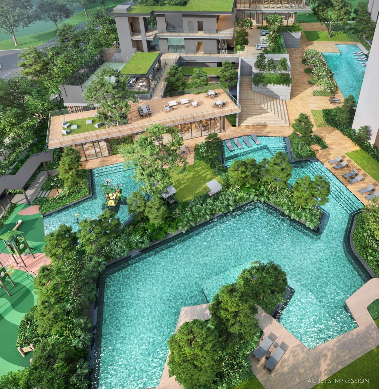 Artist's impression from above of the clubhouse and the interlocking pools