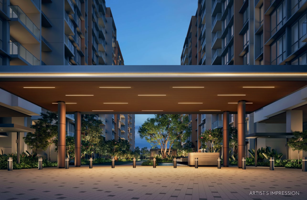 Artist's impression of the arrival bay, a covered drop-off between two residential blocks
