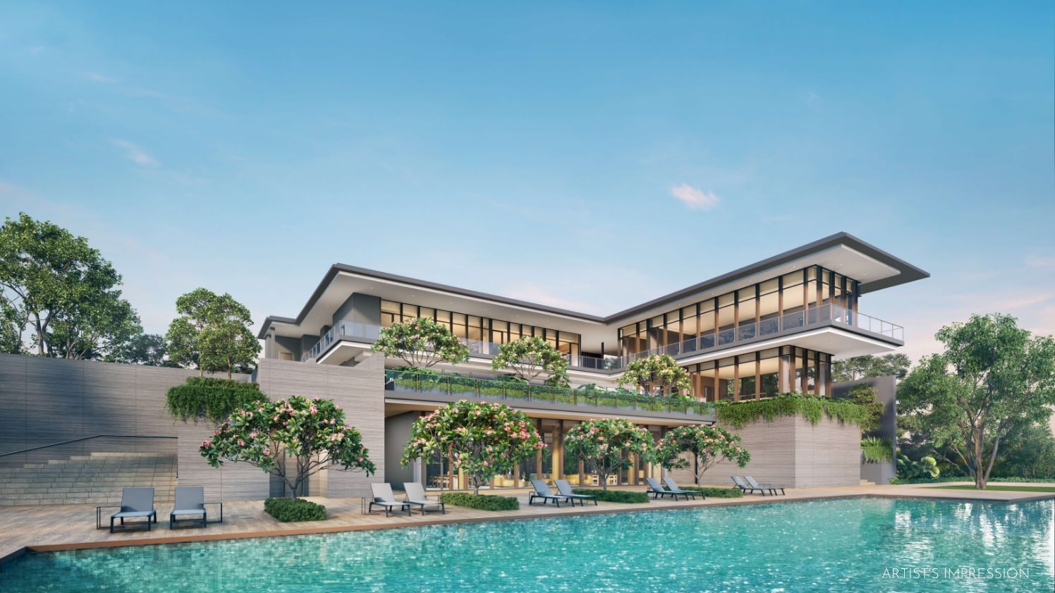 Artist's impression of the clubhouse above a pool, with sun loungers on the deck