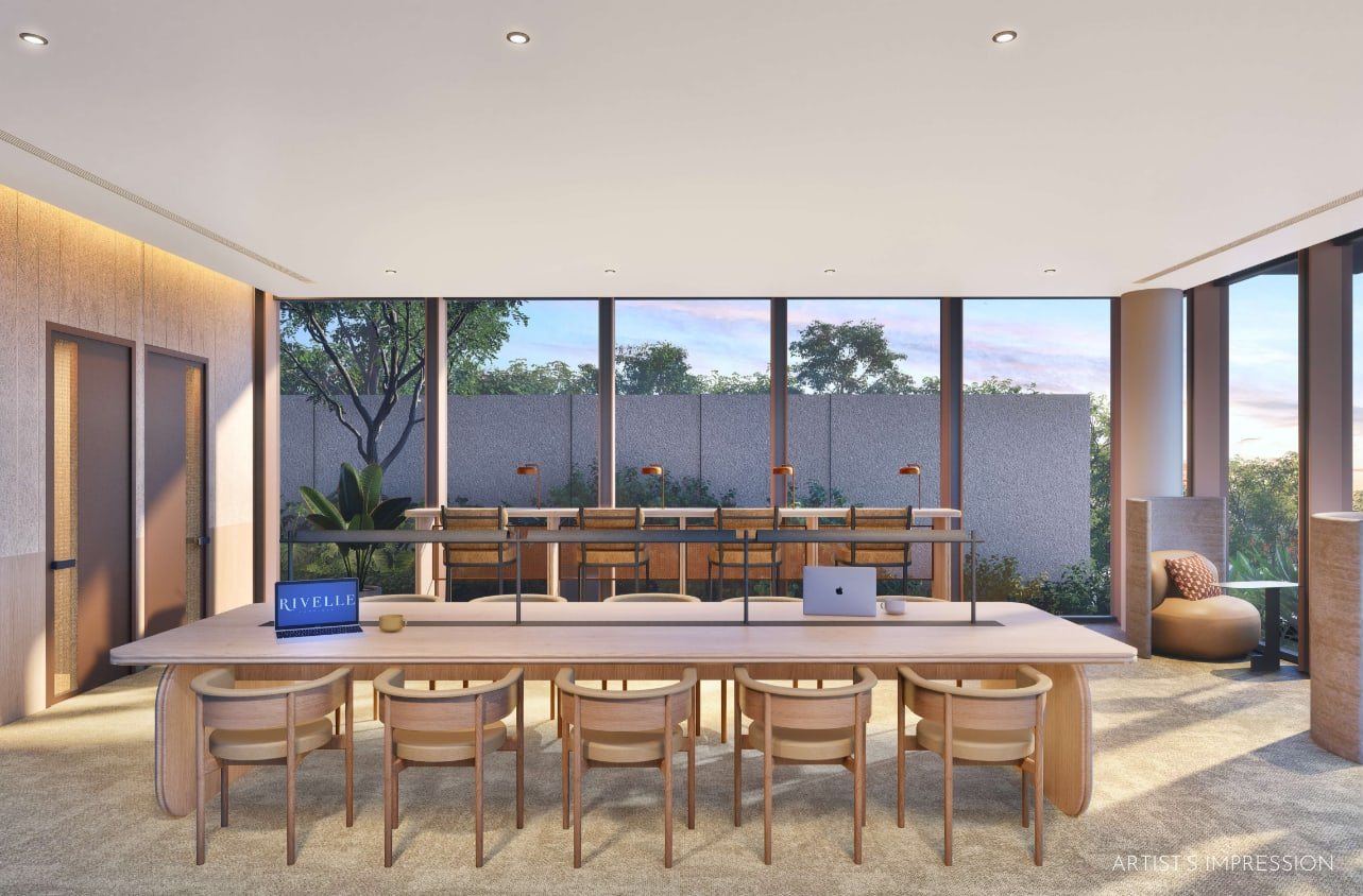 Artist's impression of the collab room with a long shared table and windows to the garden