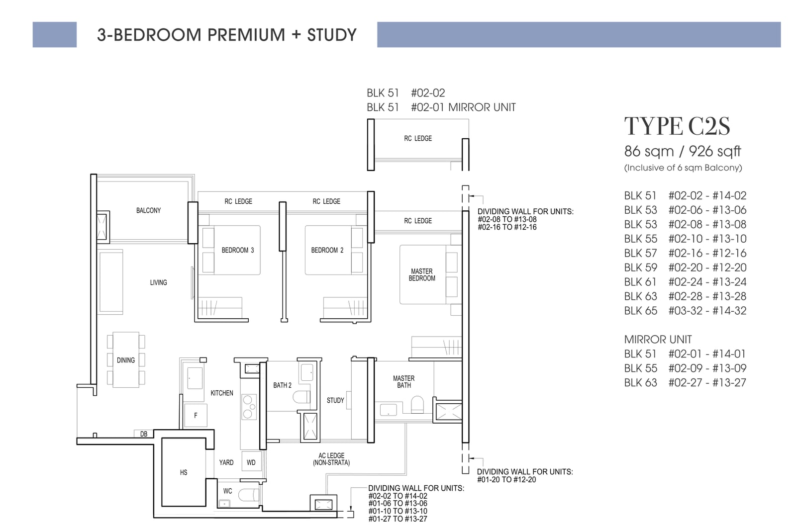 Floor plan of the 3-bedroom premium with study, type C2S, 926 square feet
