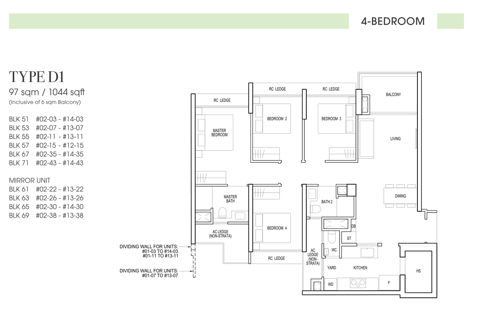 Floor plan of the 4-bedroom, type D1, 1,044 square feet