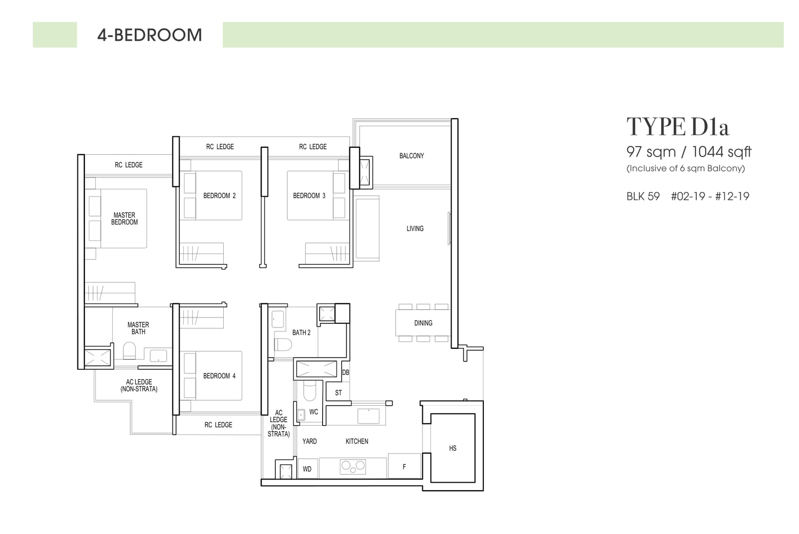 Floor plan of the 4-bedroom, type D1a, 1,044 square feet