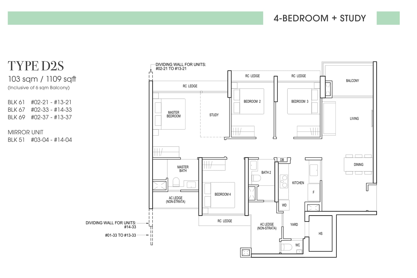 Floor plan of the 4-bedroom with study, type D2S, 1,109 square feet