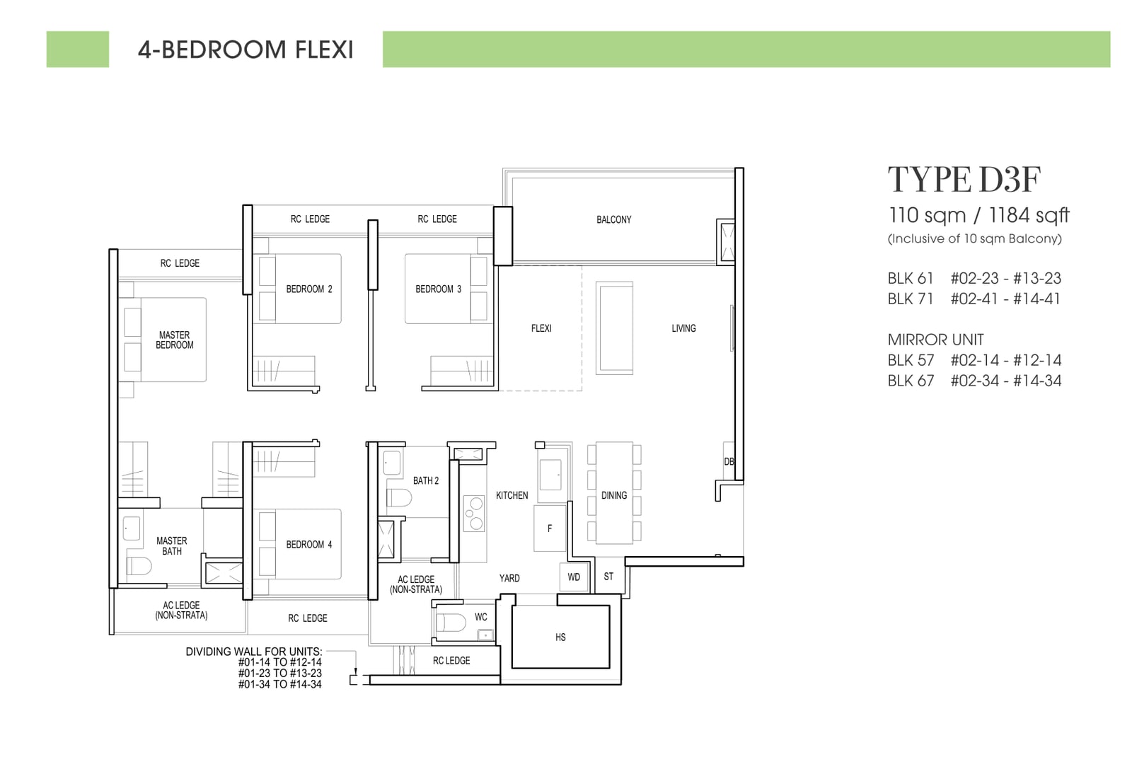 Floor plan of the 4-bedroom flexi, type D3F, 1,184 square feet